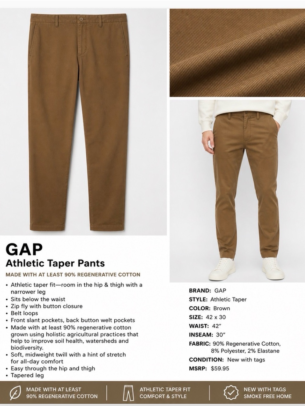GAP Athletic Taper Pants Brown 42x30 NWT Stretch Chino Maple Brown Big & Tall